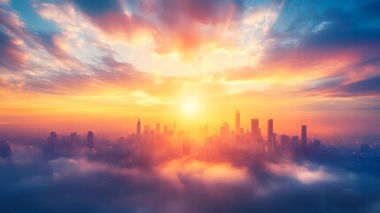 Majestic sunset over a city skyline, enveloped in clouds and vibrant colors.