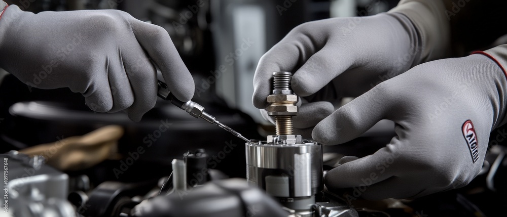 Poster Mechanic Repairing Engine Component: Hands in Gloves Using Tools for Auto Maintenance and Mechanical Work in Modern Workshop