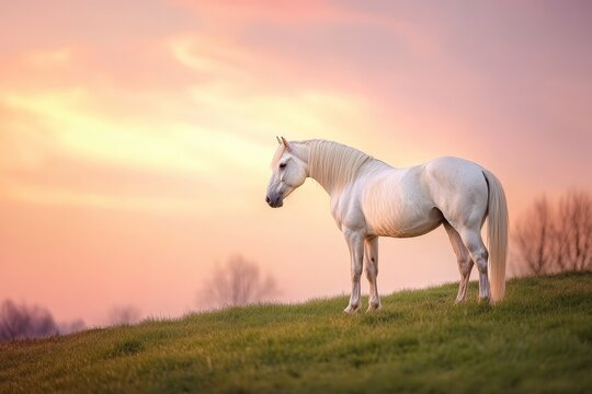 Majestic White Horse Standing in a Green Field at Sunset - Serene Landscape Photography for Nature Lovers and Equine Enthusiasts