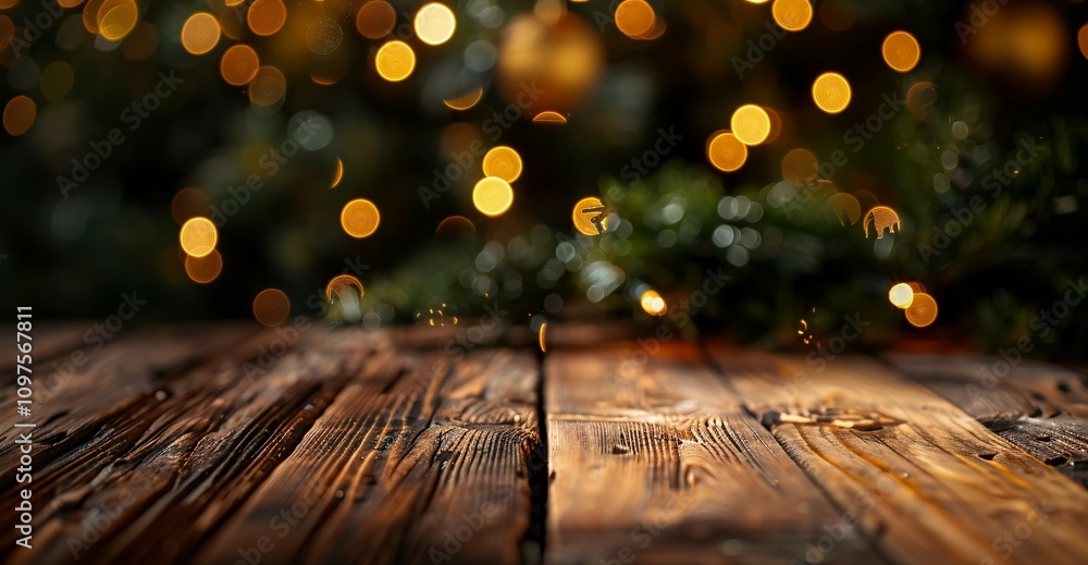 Poster bokeh on christmas tree: a wooden table top with bokeh lights from a christmas tree, creating an eco