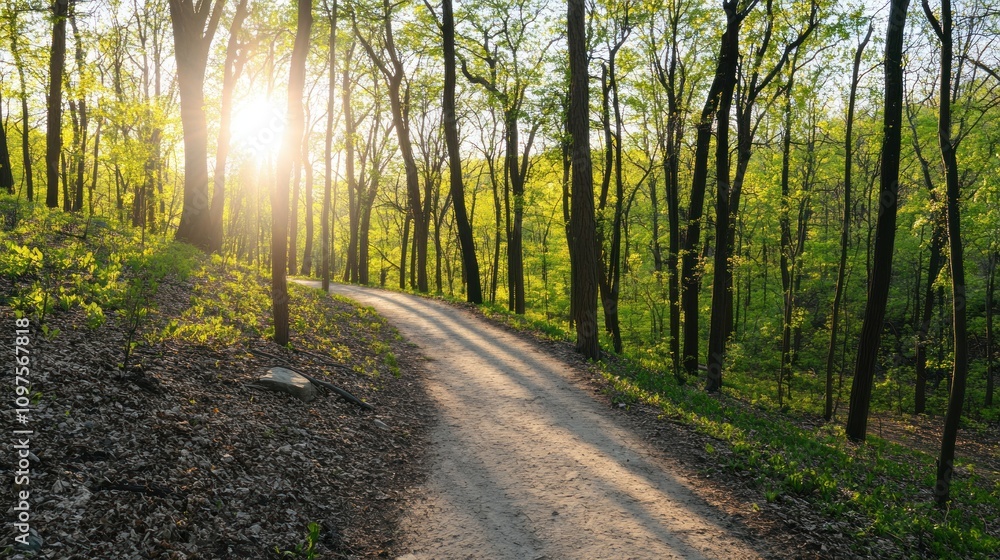 Poster a serene forest path illuminated by sunlight, inviting exploration and tranquility.
