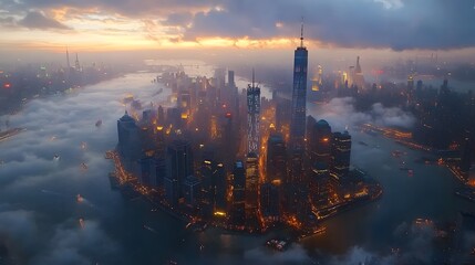 Fototapeta premium Aerial view of a vibrant city skyline at twilight, showcasing stunning skyscrapers and river.