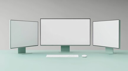 Modern Minimalist Computer Desk Setup with Blank Monitors for Digital Presentation