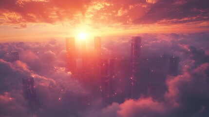 A breathtaking sunset over futuristic skyscrapers amidst vibrant clouds.
