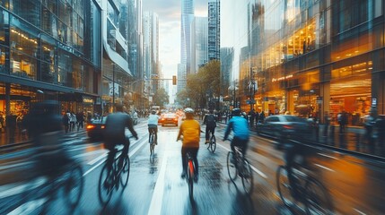 Cyclists commuting in a busy city street during sunset.