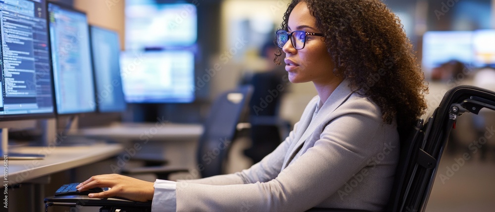 Poster professional woman in wheelchair coding at computer desk in modern office setting - diversity in tec