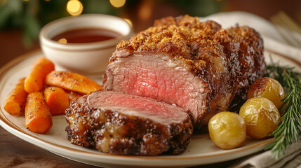Mechoui-style roasted lamb with carrots, potatoes, and dipping sauce