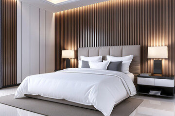 Obraz premium Cozy Bedroom with Soft Textiles and Modern Lighting