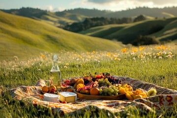 Scenic Outdoor Picnic with Fresh Fruits and Snacks on a Colorful Blanket in Lush Green Hills Under a Sunny Sky - Perfect Nature Escape
