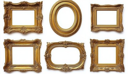Ornate Gold Picture Frames in Baroque Style on White Background