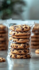 Freshly Baked Chocolate Chip Cookies in Plastic Bags, Gift or Delivery, on Grey Background