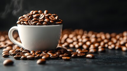 Fototapeta premium Close-up of a white cup overflowing with roasted coffee beans.