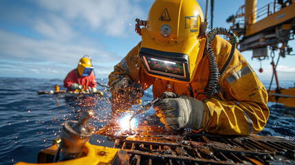 Underwater welding in ocean, showcasing skilled workers and safety gear