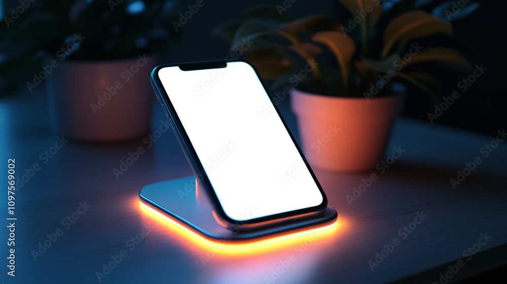 Aufkleber a smartphone with a blank screen, set on a charging dock with ambient lighting for a modern tech loo