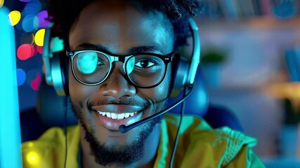 A smiling young man wearing glasses and a headset in a colorful, brightly lit environment.