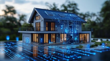 Smart Home Technology Modern House with Digital Overlay Representing Security System and Network