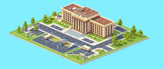 A stylized building with parking and trees, resembling a government or institutional structure.
