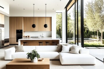 Fototapeta premium Modern Minimalist Apartment Living Room Kitchen with Large Windows and Natural Light