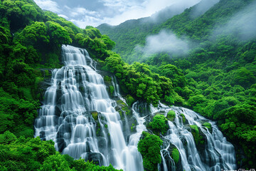 Obraz premium Lush Tropical Rainforest Waterfall with Exotic Flora