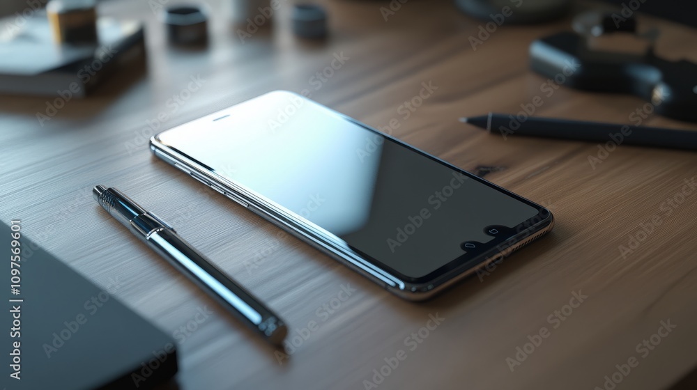 Poster close-up of a smartphone with a blank screen, angled on a desk with a stylus and modern tech accesso