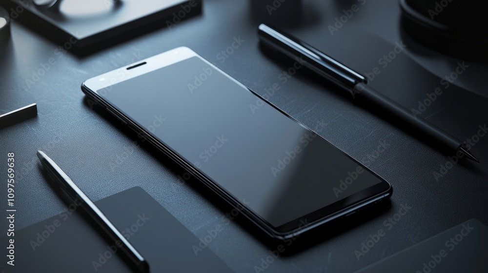 Poster close-up of a smartphone with a blank screen, angled on a desk with a stylus and modern tech accesso