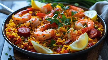 A traditional Spanish paella dish, with saffron-infused rice cooked with shrimp, chicken, chorizo, and vegetables, garnished with lemon wedges and fresh parsley.