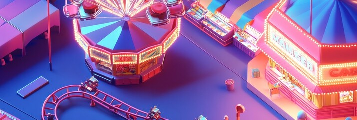 A vibrant carnival scene featuring rides, games, and colorful lights.