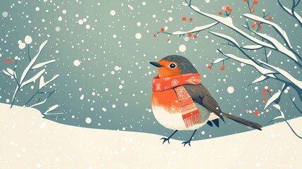 A charming winter scene featuring a bird wearing a scarf, surrounded by snow and frost, perfect for seasonal themes.