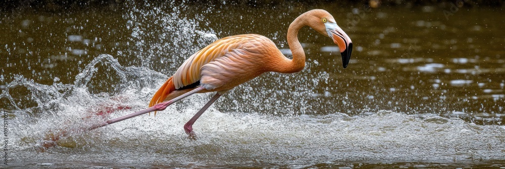 Poster a flamingo running through water, creating splashes and showcasing its vibrant colors.