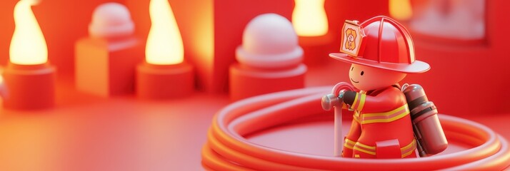 A playful firefighter character surrounded by fire-related elements in a vibrant setting.