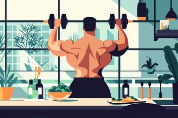 A muscular man lifts weights in a bright, modern kitchen, surrounded by plants and healthy food, promoting fitness and wellness.