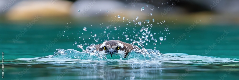 Poster a dynamic shot of an eagle diving into water, creating splashes as it hunts.