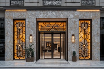 Elegant building entrance with ornate metal screens and marble.