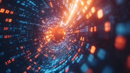 Obraz premium Abstract digital tunnel with glowing blue and orange data streams.