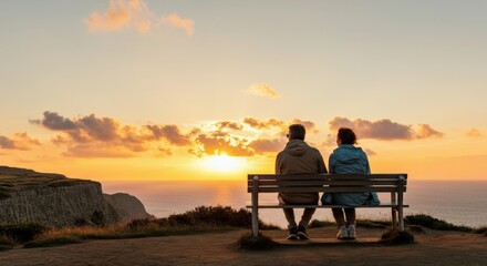 Obraz premium Couple Watching Sunset from Clifftop Bench
