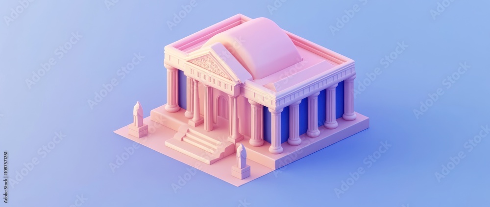 Poster a stylized architectural model resembling a classical building with columns and a dome.