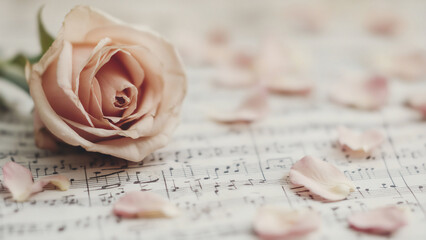 Nahaufnahme einer zarten rosa Rose auf einem Hintergrund aus Notenbl&auml;ttern mit verstreuten Bl&uuml;tenbl&auml;ttern. Karte f&uuml;r Valentinstag, Liebe und Hochzeit