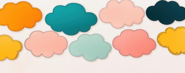 Colorful cloud shapes in various pastel shades arranged in a playful pattern against a light background.