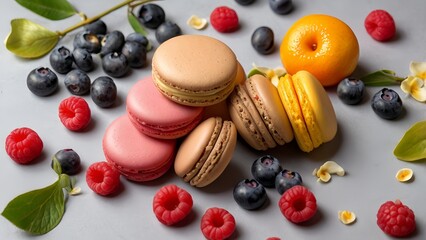 Vibrant macarons surrounded by fresh fruits like raspberries and blueberries, complemented by orange blossoms and vanilla orchids. set against a minimalist background that highlights the colors