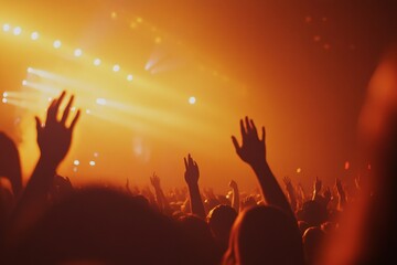 Fototapeta premium Vibrant Concert Atmosphere: Audience Hands Up in Excitement Under Colorful Stage Lights