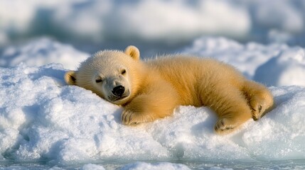 Adorable Polar Bear Cub Resting on Ice Floe