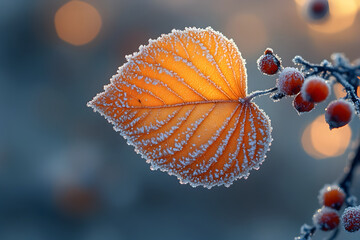 Obraz premium A stunning macro shot of a single autumn leaf delicately covered in frost