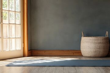 Yoga mat in a serene indoor space with natural light streaming in