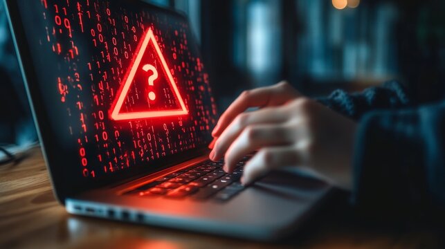 Computer User with Warning Triangle on Error Notification and Cybersecurity Issues in Technology