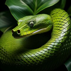 A detailed green snake on the leaves 