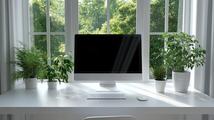 Bright Home Office Workspace with Plants and Computer