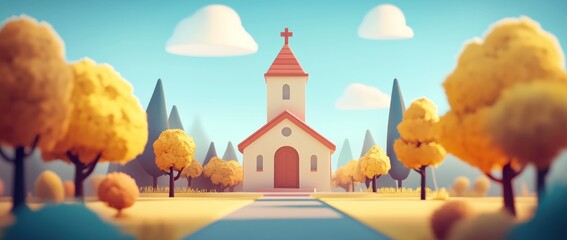 A charming church surrounded by colorful autumn trees under a bright sky.