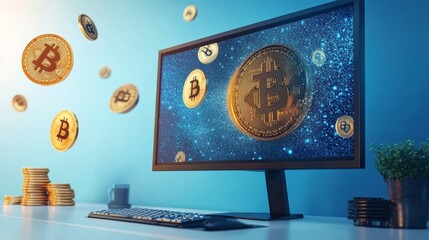 Bitcoin Investment. Cryptocurrency Concept with Bitcoins Around Computer Monitor. 3D Rendering.