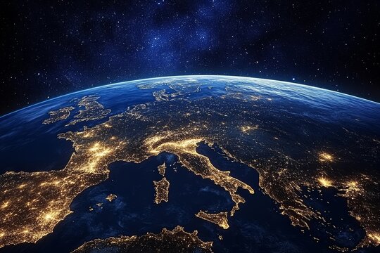 Earth at Night View from Space City Lights of Italy and Europe with Dark Ocean and Bright Starry Sky