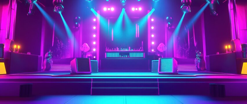A vibrant nightclub scene with colorful lights and a DJ booth, designed for entertainment.